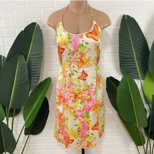 Lilly Pulitzer 100% Silk Y2K butterfly halter tie neck dress